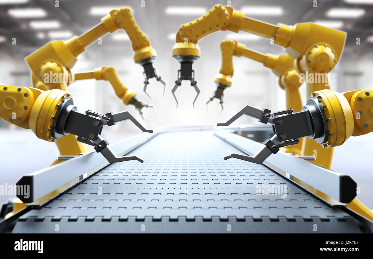 Industriali i bracci robotici vuote con nastro trasportatore 3D rendering Foto Stock