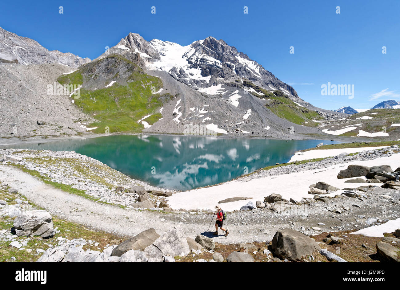 Francia, Savoie, Pralognan La Vanoise, GR55, il percorso della Vanoise Pass (sale e formaggio beaufort route), il lago Lungo (lac lungo) e La Grande casse (3855 m) Foto Stock