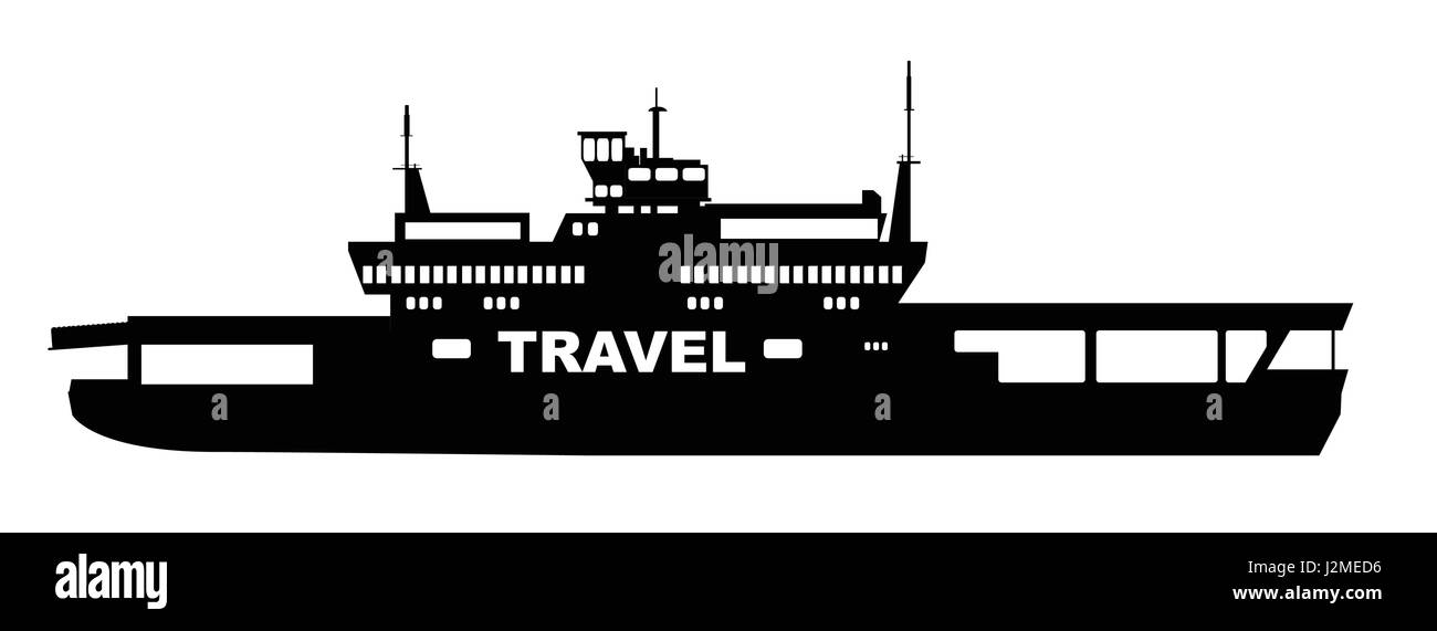 Silhouette di un tipico trasportatore auto ferry su uno sfondo bianco con il testo travel Illustrazione Vettoriale