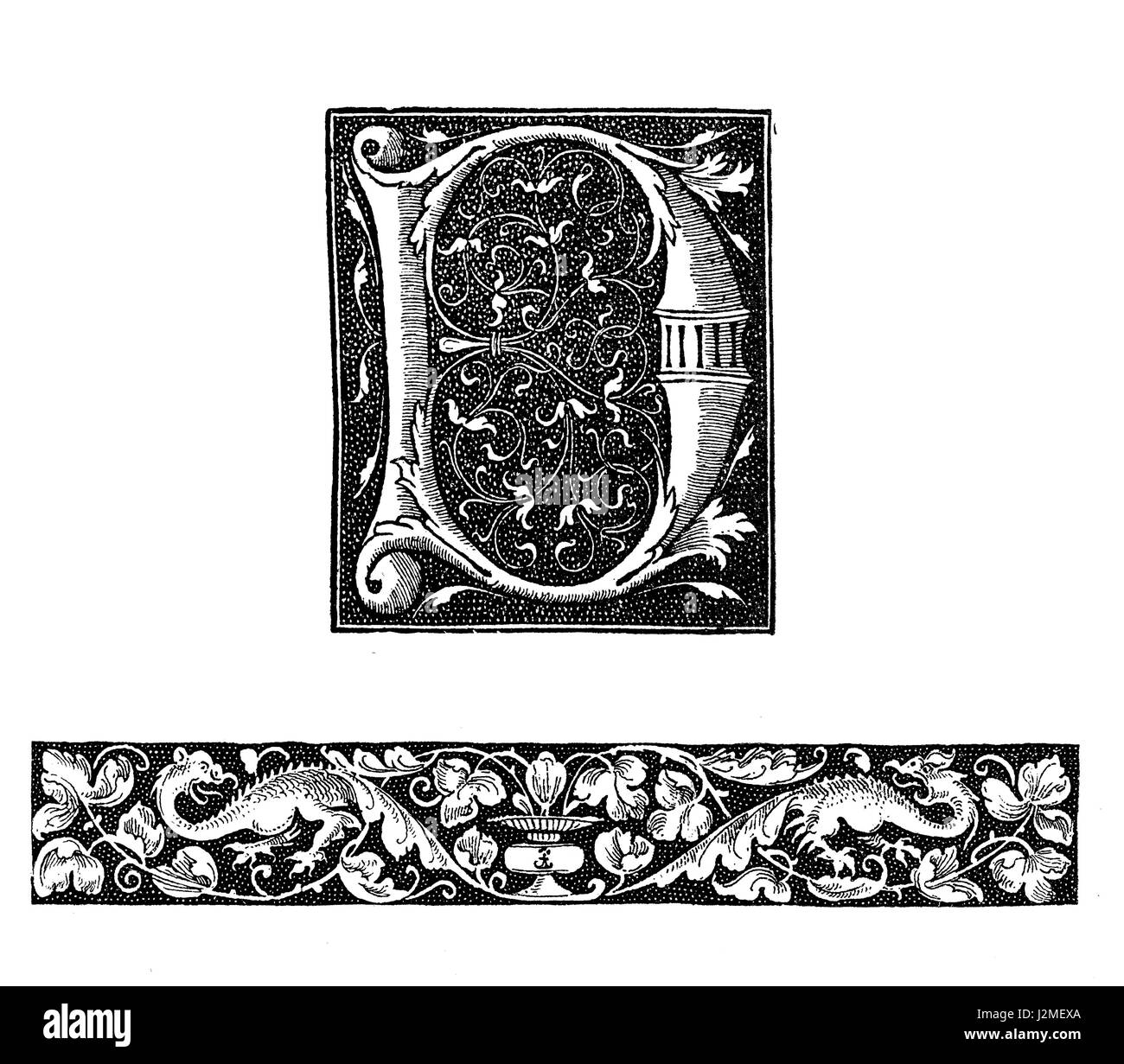 XVI secolo opere d'arte; decorate lettera maiuscola D e tipografiche bordo floreale Foto Stock