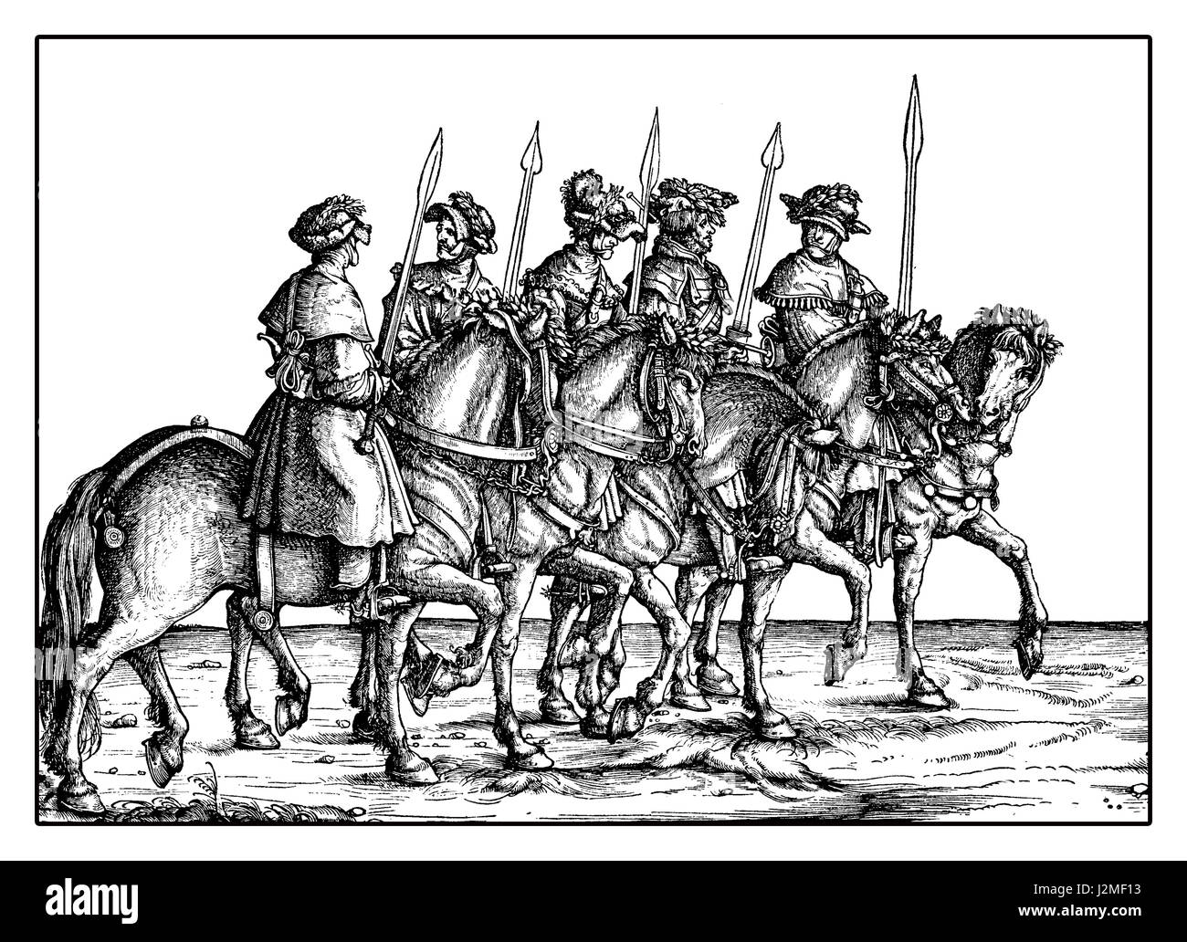 Cacciatori di cinghiale dal trionfo di Massimiliano I, monumentale stampe xilografiche da molti artisti del XVI secolo Foto Stock