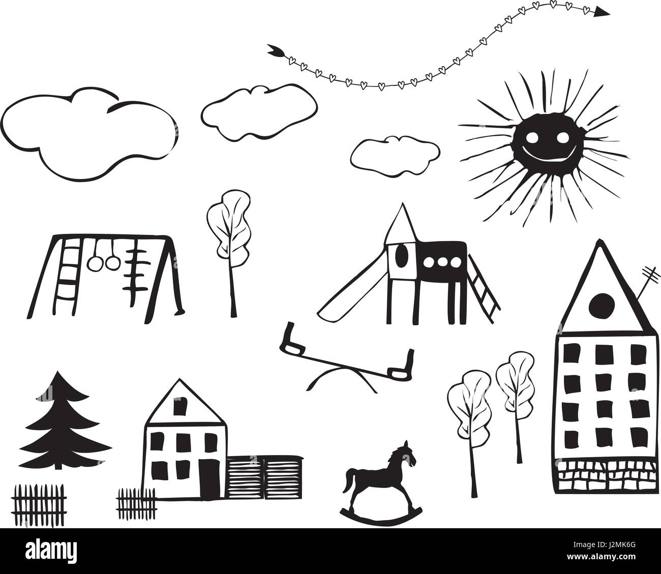 Bambini disegni di parchi gioco per bambini, case, gli alberi, le nuvole e giocattoli Illustrazione Vettoriale