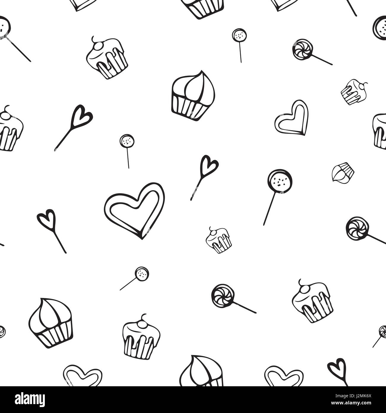 Hand-Drawn Seamless sfondo con dolci, Candy, cuori e lollipop in vettore Illustrazione Vettoriale