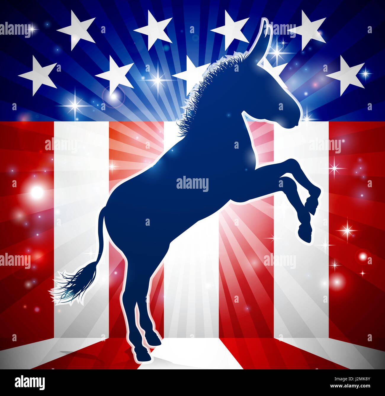 Un asino in silhouette con una bandiera americana in background politico democratico animale mascotte Foto Stock