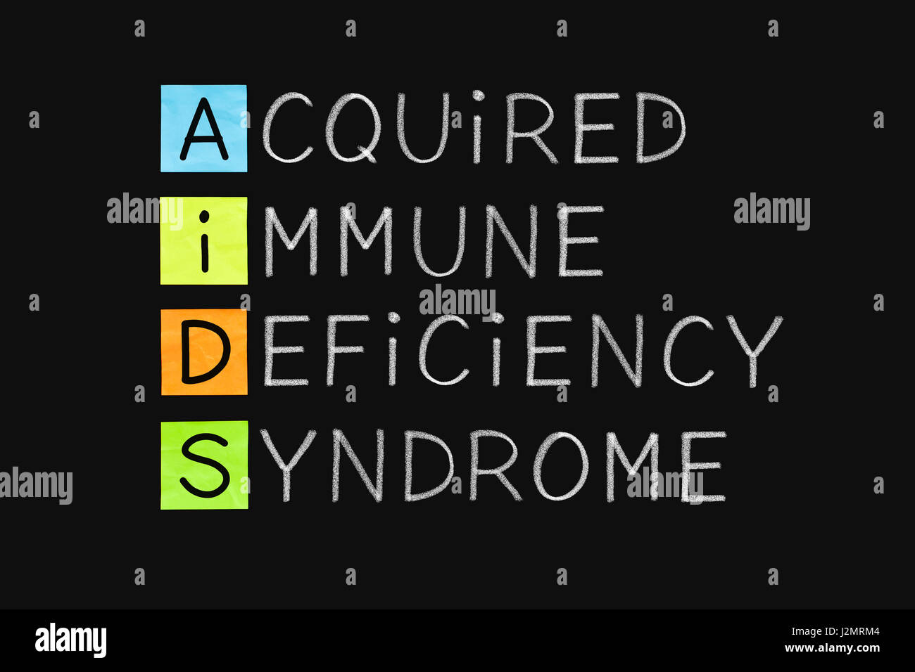Acronimo di AIDS sindrome di deficienza immunitaria acquisita scritta a mano con gesso bianco sulla lavagna. Foto Stock