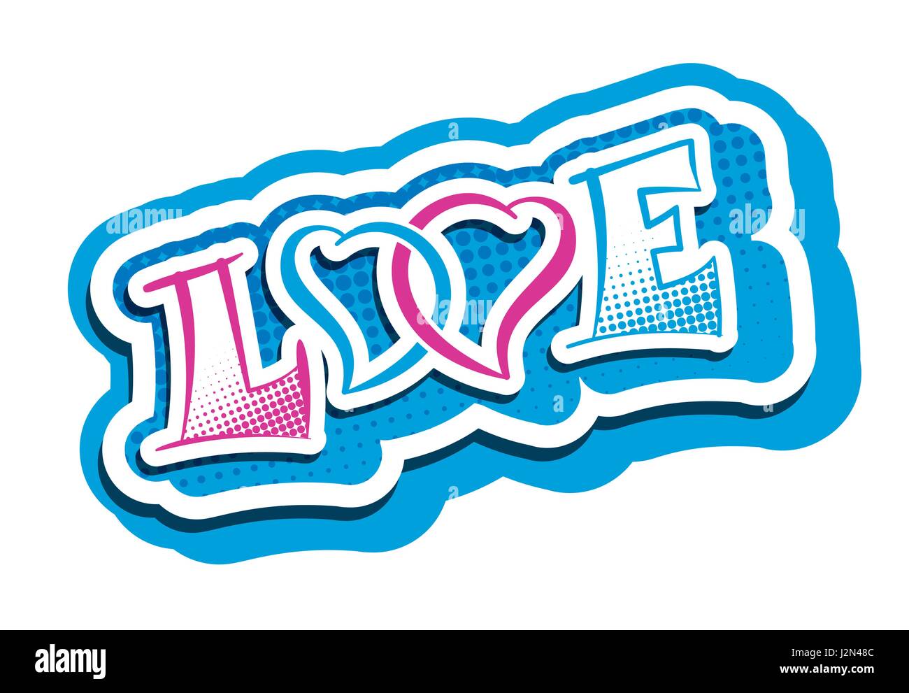 Amore parola con due cuori simbolo. Sentimenti romantici rosa blu illustrazione vettoriale. Giorno Vallentines il modello di etichetta. Illustrazione Vettoriale