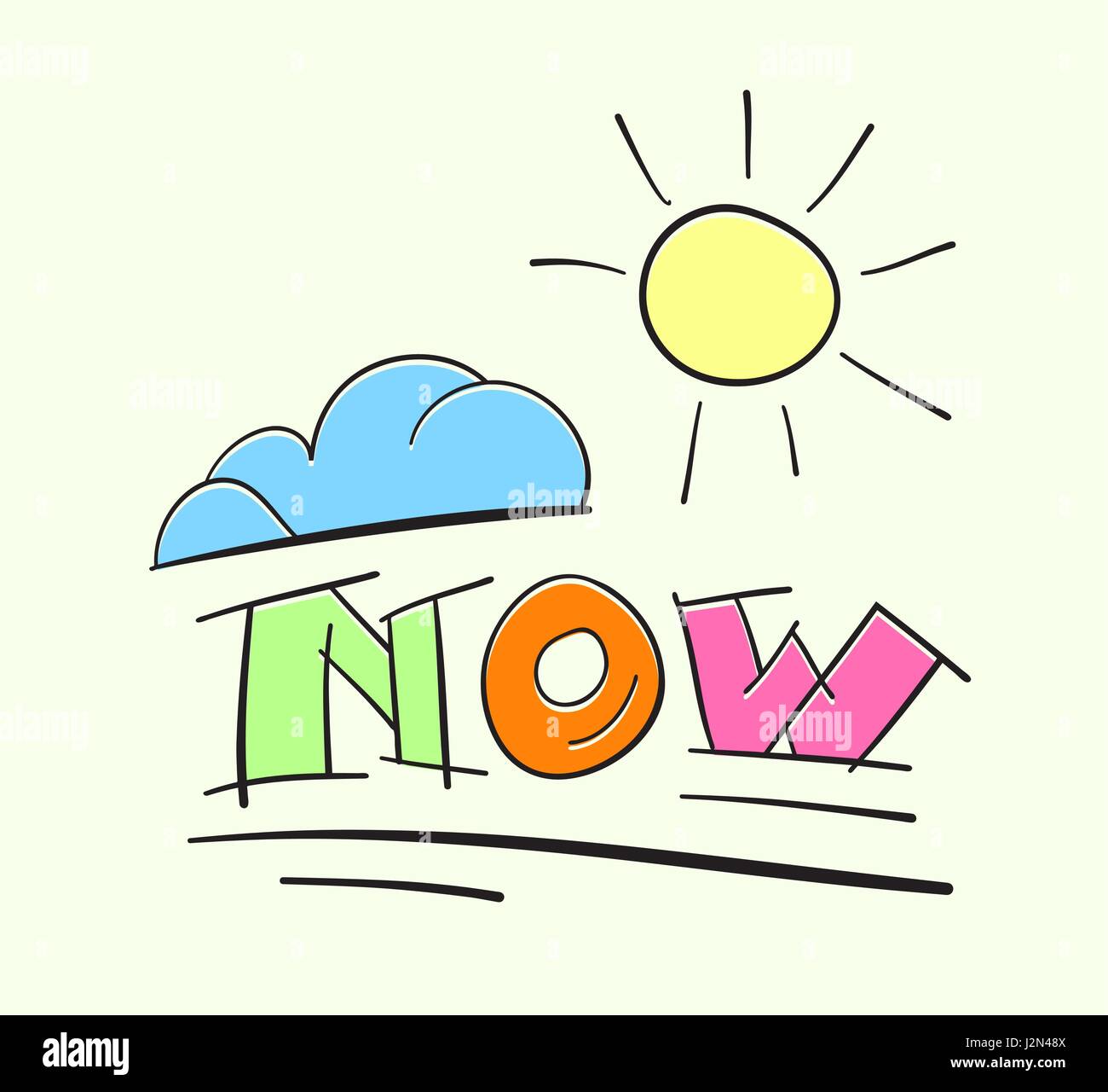 Il testo ora con Sun e cloud. Il tempo per cambiare idea. Di ispirazione illustrazione vettoriale. Stile Cartoon scritte a mano ora word. Illustrazione Vettoriale