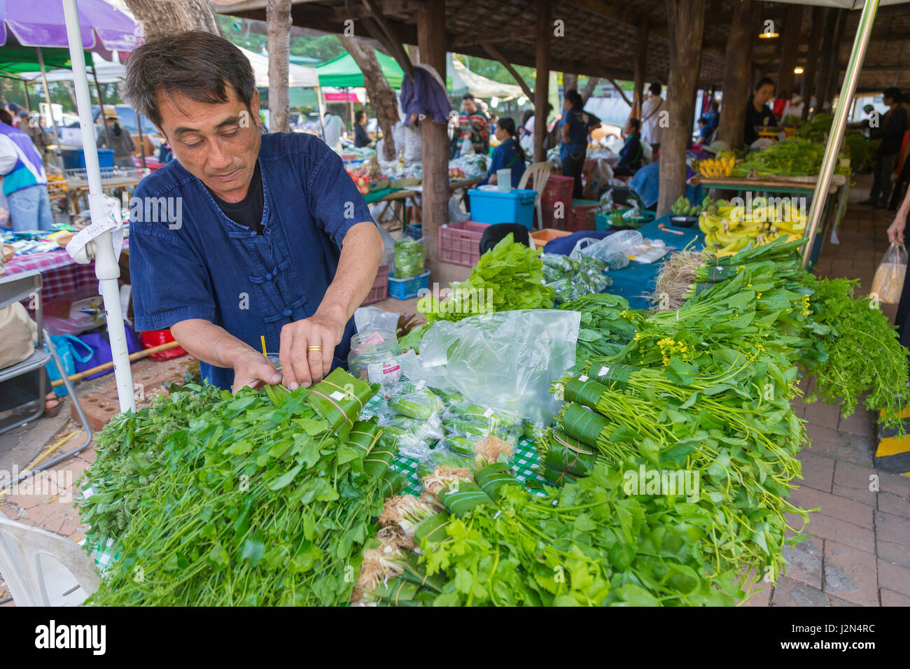 Chiang Mai, Thailandia - 29 Gennaio 2017 - Contadino prepara il suo vegetali per i clienti in una mattina mercato contadino in Chiang Mai Thailandia il 20 gennaio Foto Stock