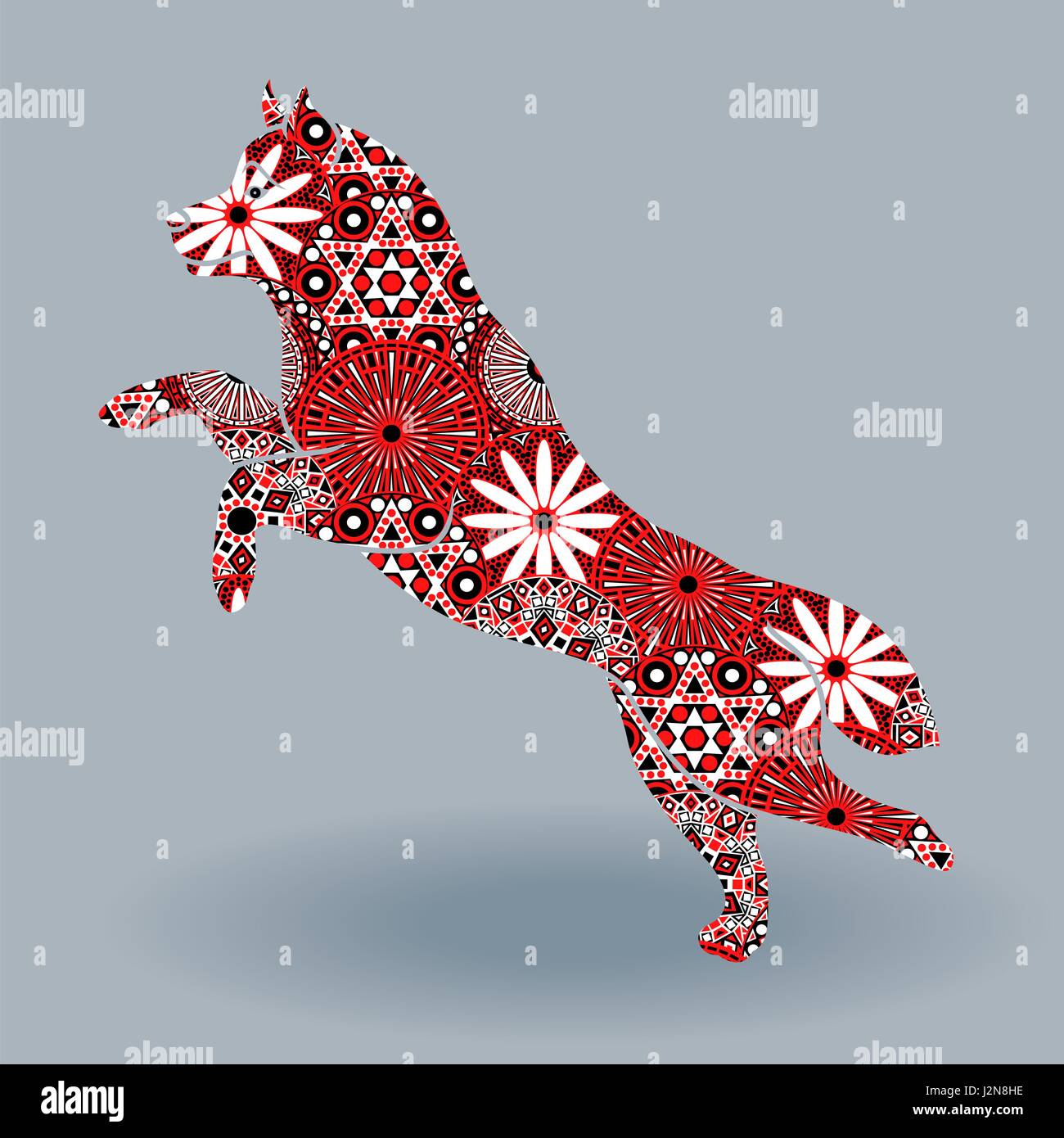 Jumping cane di razza Husky, vettore silhouette stencil riempire con fiori stilizzati nei colori rosso, bianco e nero su sfondo grigio Illustrazione Vettoriale