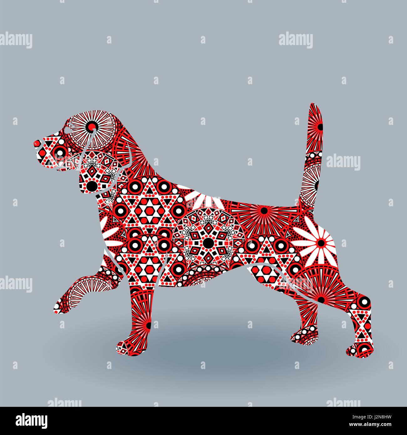 Cani di razza Beagle, vettore silhouette stencil riempire con fiori stilizzati nei colori rosso, bianco e nero su sfondo grigio Illustrazione Vettoriale