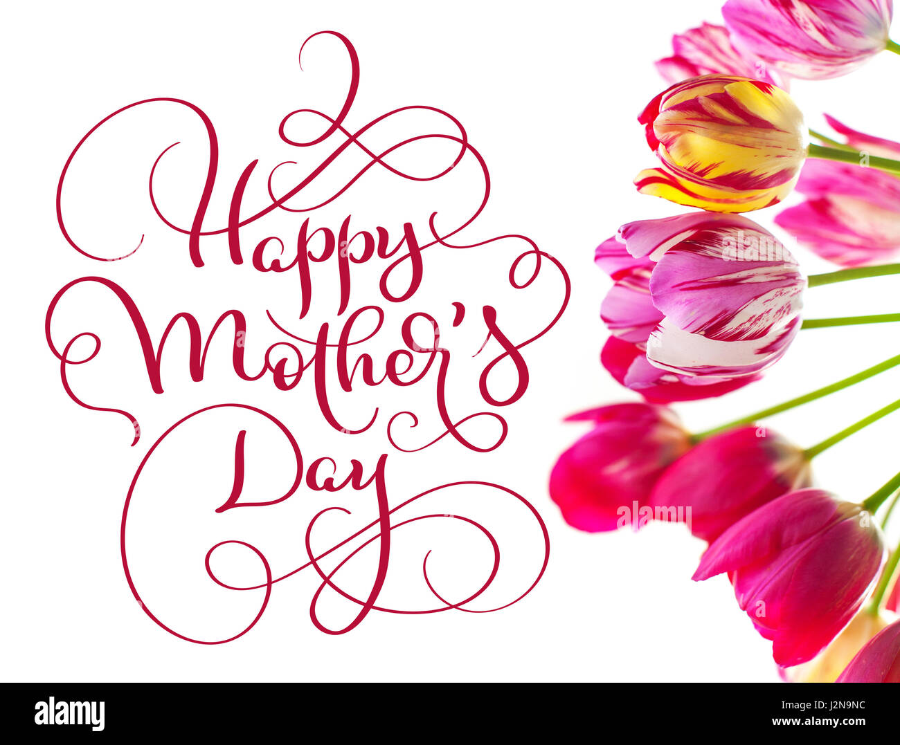 I tulipani su uno sfondo bianco e testo felice festa della mamma. Calligraphy lettering disegnare a mano Foto Stock