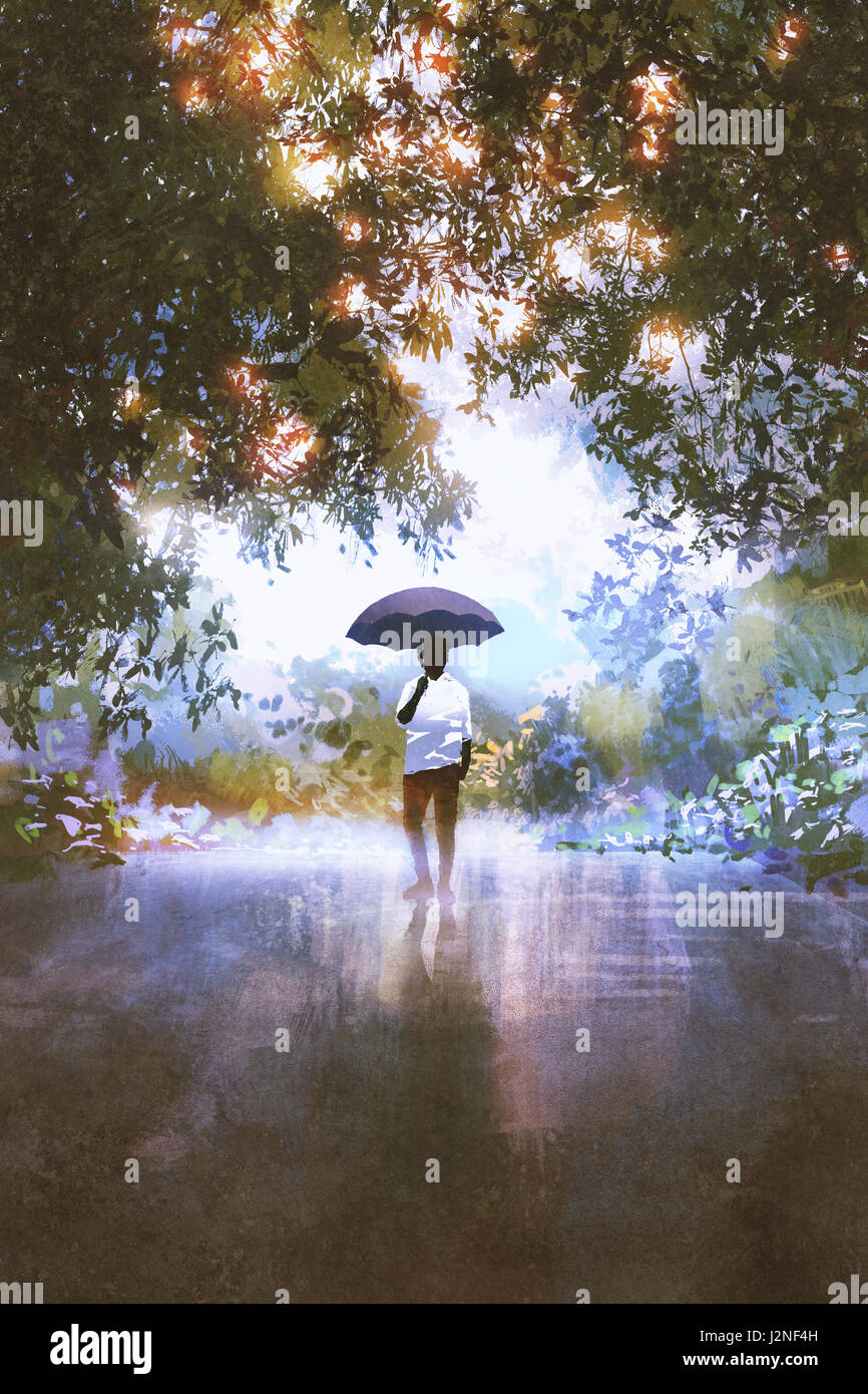 Arte digitale dell'uomo detiene ombrello in piedi sulla strada bagnata con alberi in background, illustrazione pittura Foto Stock