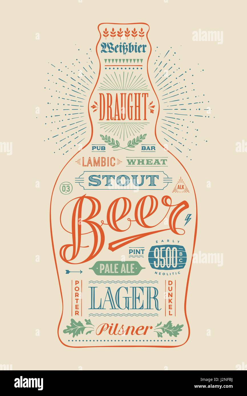 Poster bottiglia di birra con disegnati a mano scritte Illustrazione Vettoriale