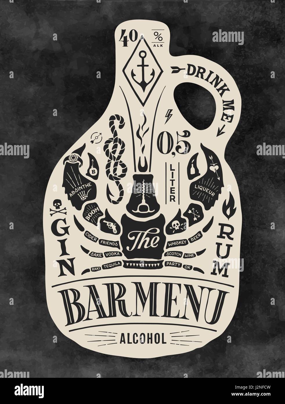 Poster bottiglia di alcool con disegnati a mano scritte Illustrazione Vettoriale