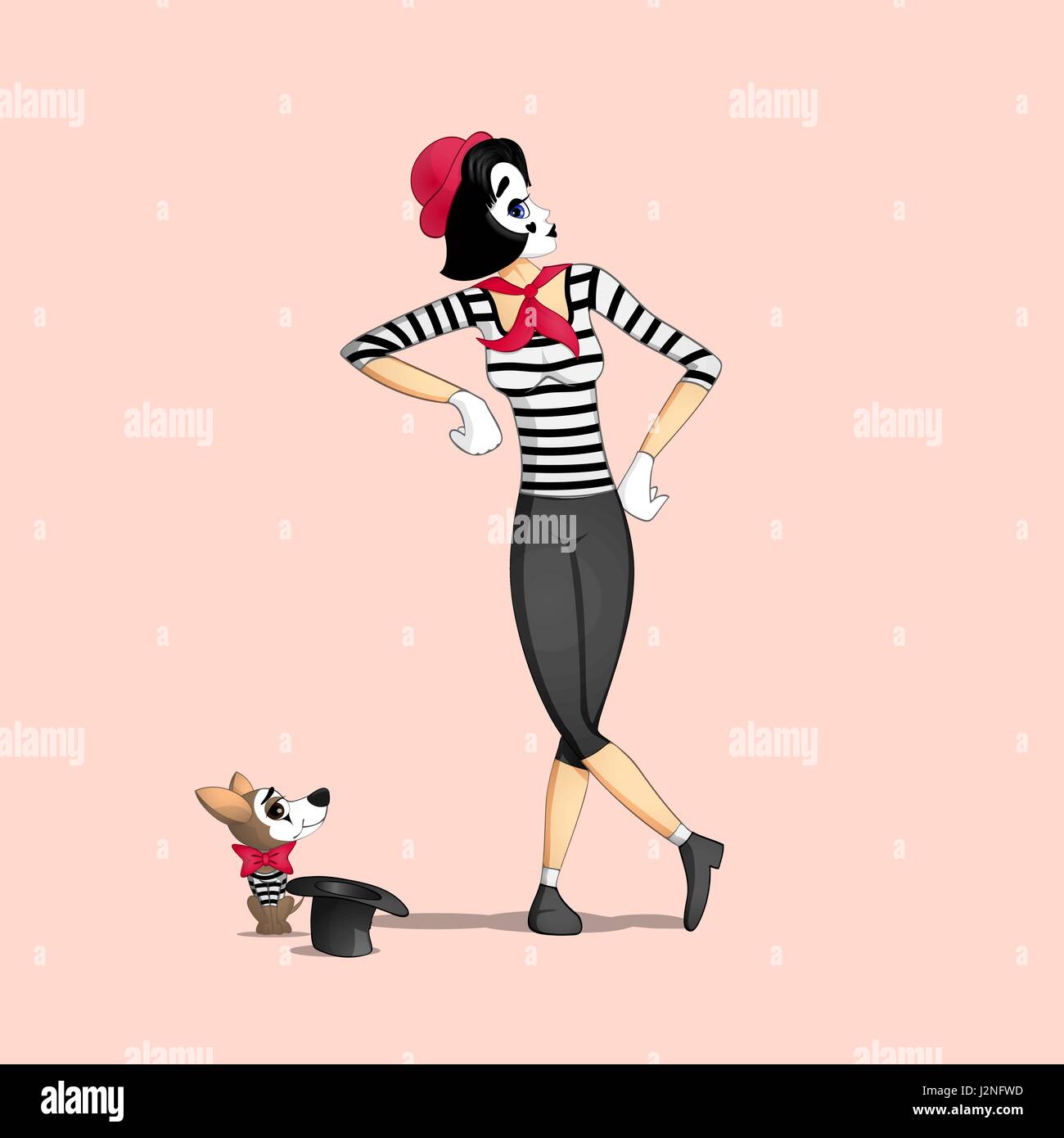 Una ragazza mime eseguendo una pantomima chiamato appoggiato su qualcosa di invisibile e cane con hat Illustrazione Vettoriale