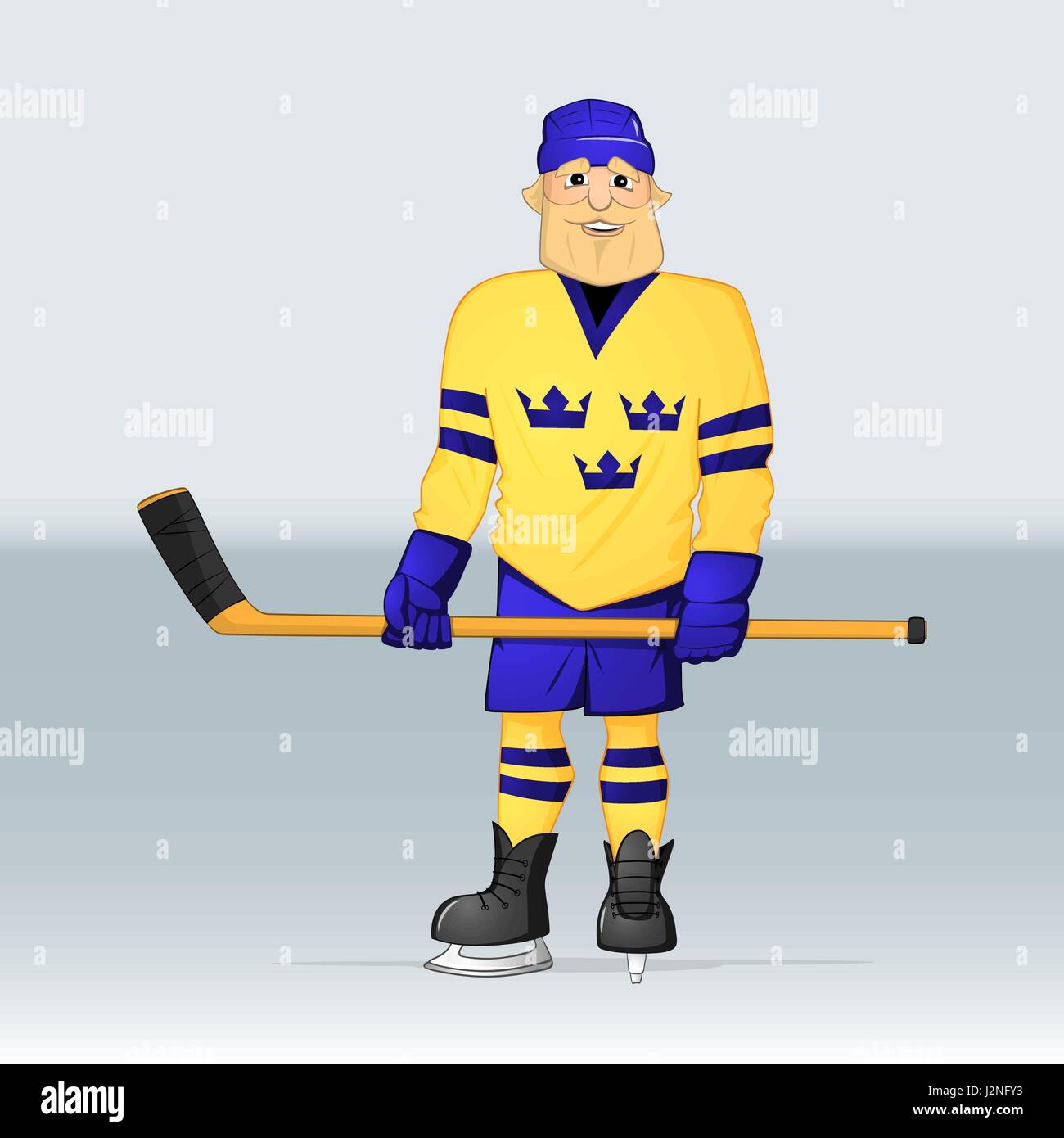 Hockey su ghiaccio Svezia team player in piedi con bastone disegnato in stile cartoon Illustrazione Vettoriale