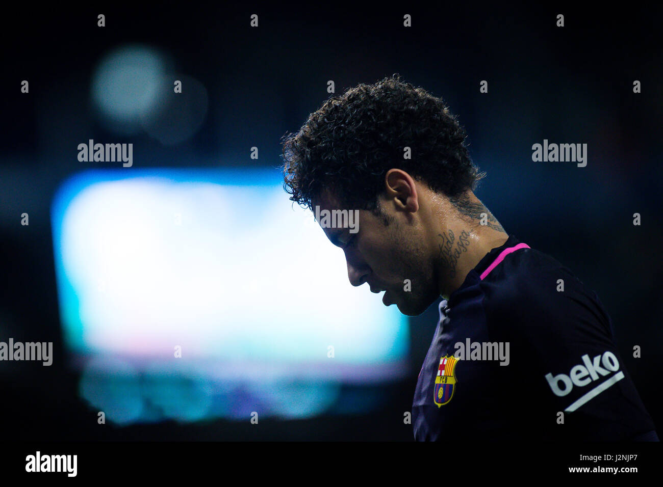 Barcellona, Spagna. 29 apr, 2017. Barcellona, Spagna. Aprile 29th, 2017 - Neymar Jr durante La Liga Santander giornata 35 gioco tra Espanyol e FC Barcellona. RCDE Stadium. Foto di EALO | PHOTO MEDIA EXPRESS Credit: VWPics/Alamy Live News Foto Stock