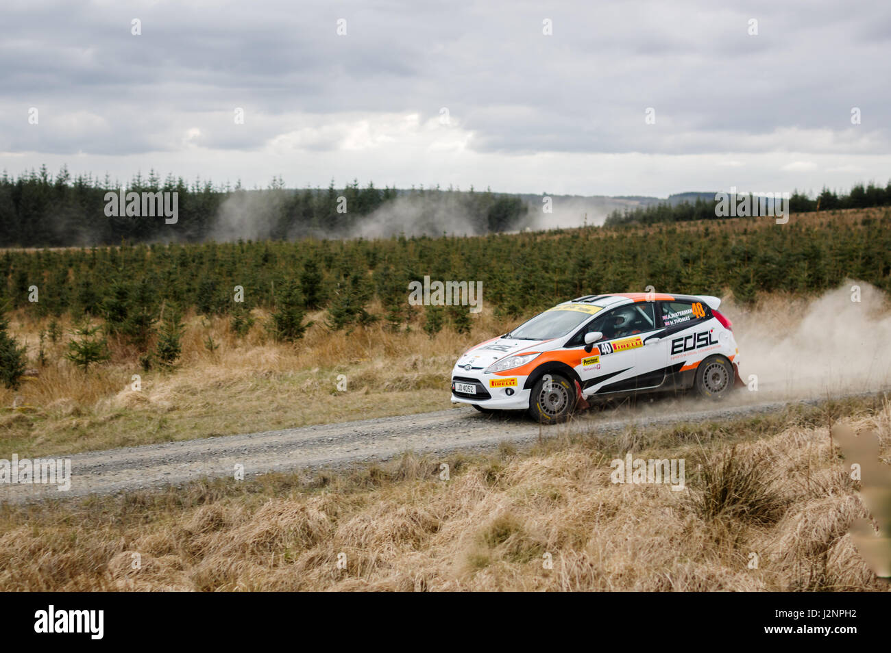 Wark, Regno Unito - 29 Aprile 2017: Rally Car prendendo parte alla Pirelli International Rally 2017 (BRC sezione). Guida Alex Waterman e Co-Driver Harry Thomas in una Ford Fiesta R2. Credito: ColobusYeti/Alamy Live News. Foto Stock