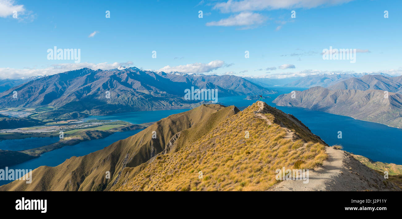 Vista sulle montagne e sul lago, donna salta in alto crinale, Roys picco, il lago Wanaka, Alpi del Sud, regione di Otago e Southland Foto Stock