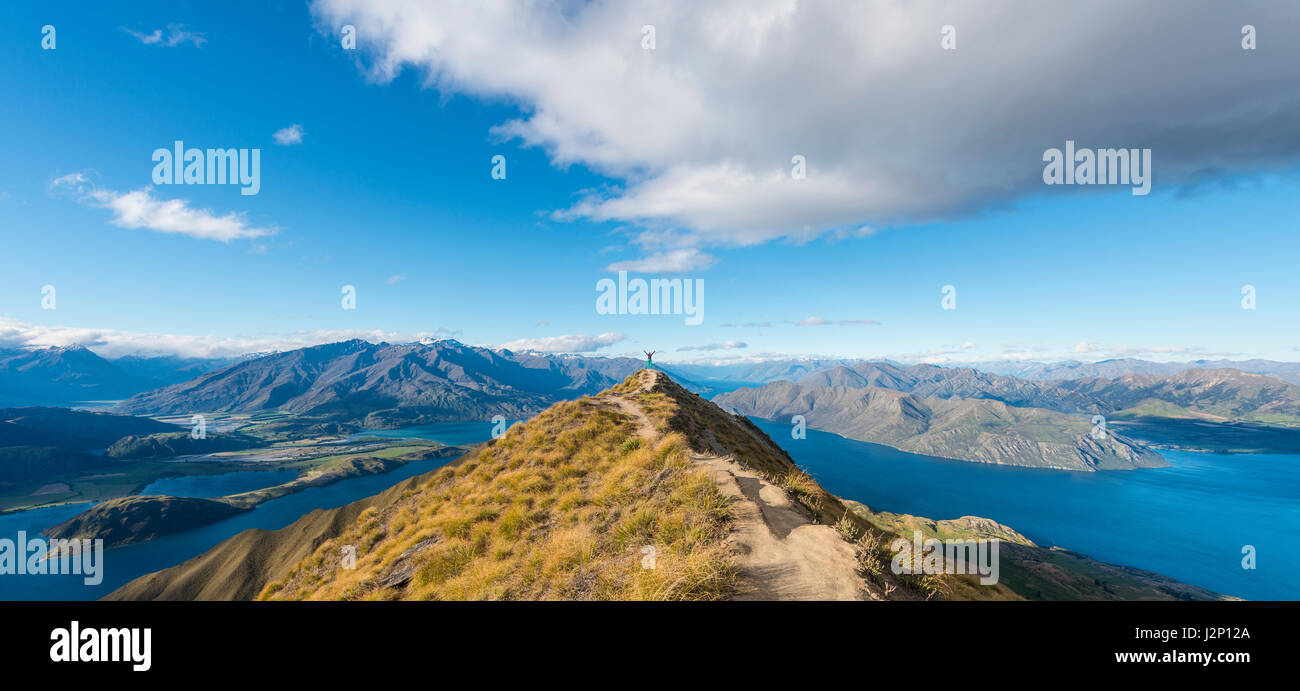 Vista sulle montagne e sul lago, donna in piedi sulla sommità ridge, Roys picco, il lago Wanaka, Alpi del Sud, regione di Otago e Southland Foto Stock