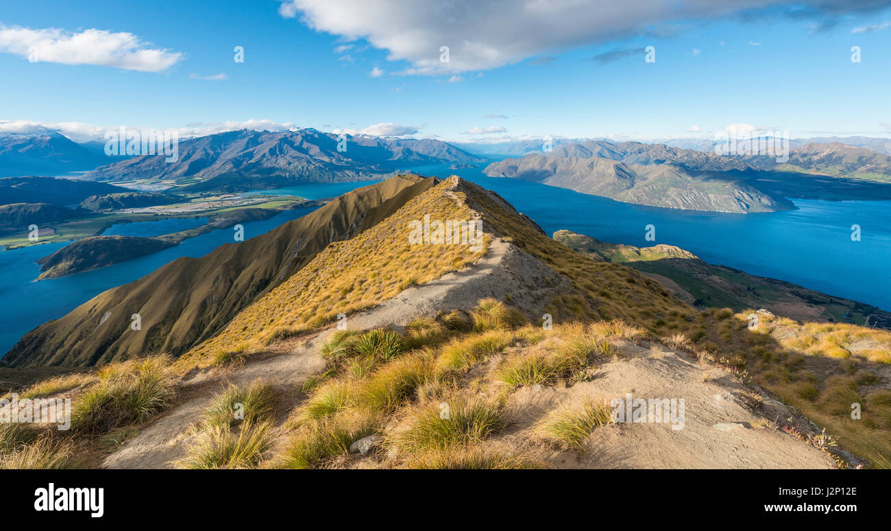 Vista sulle montagne e sul lago, Roys picco, il lago Wanaka, Alpi del Sud, regione di Otago e Southland, Nuova Zelanda Foto Stock
