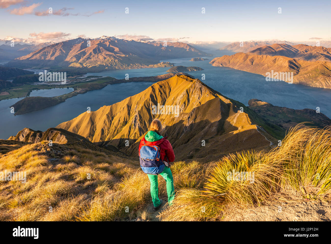 Escursionista sul percorso di picco del picco Roys, luce della sera, vista sulle montagne e sul lago, il lago Wanaka, Alpi del Sud, regione di Otago Foto Stock