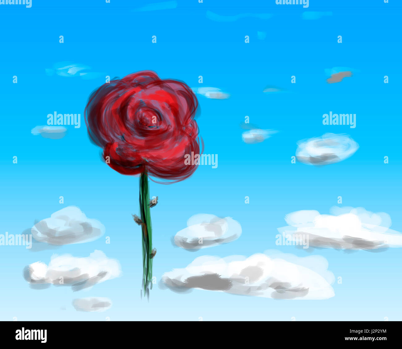 Flying rose illustrazione sopra le nuvole. Foto Stock