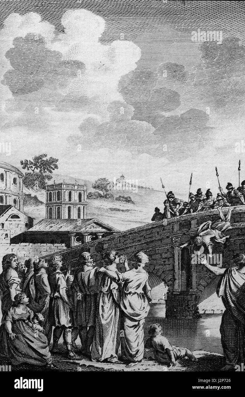 Calepodio, un ministro cristiano, gettato nel Tevere, con una macina fissato al suo collo. Incisione c 1780 Nuovo libro dei martiri Foto Stock