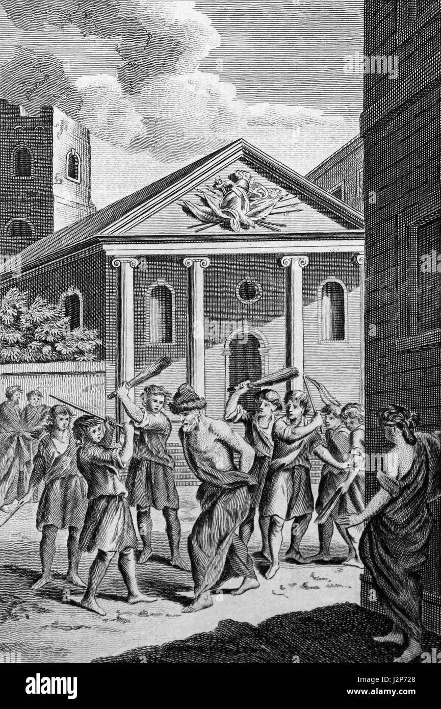 Cassiano, un cristiano di precettore di Imola è flagellato e picchiato a morte dal suo proprio studiosi per aver rifiutato di sacrificare agli idoli. Incisione da c 17 Foto Stock