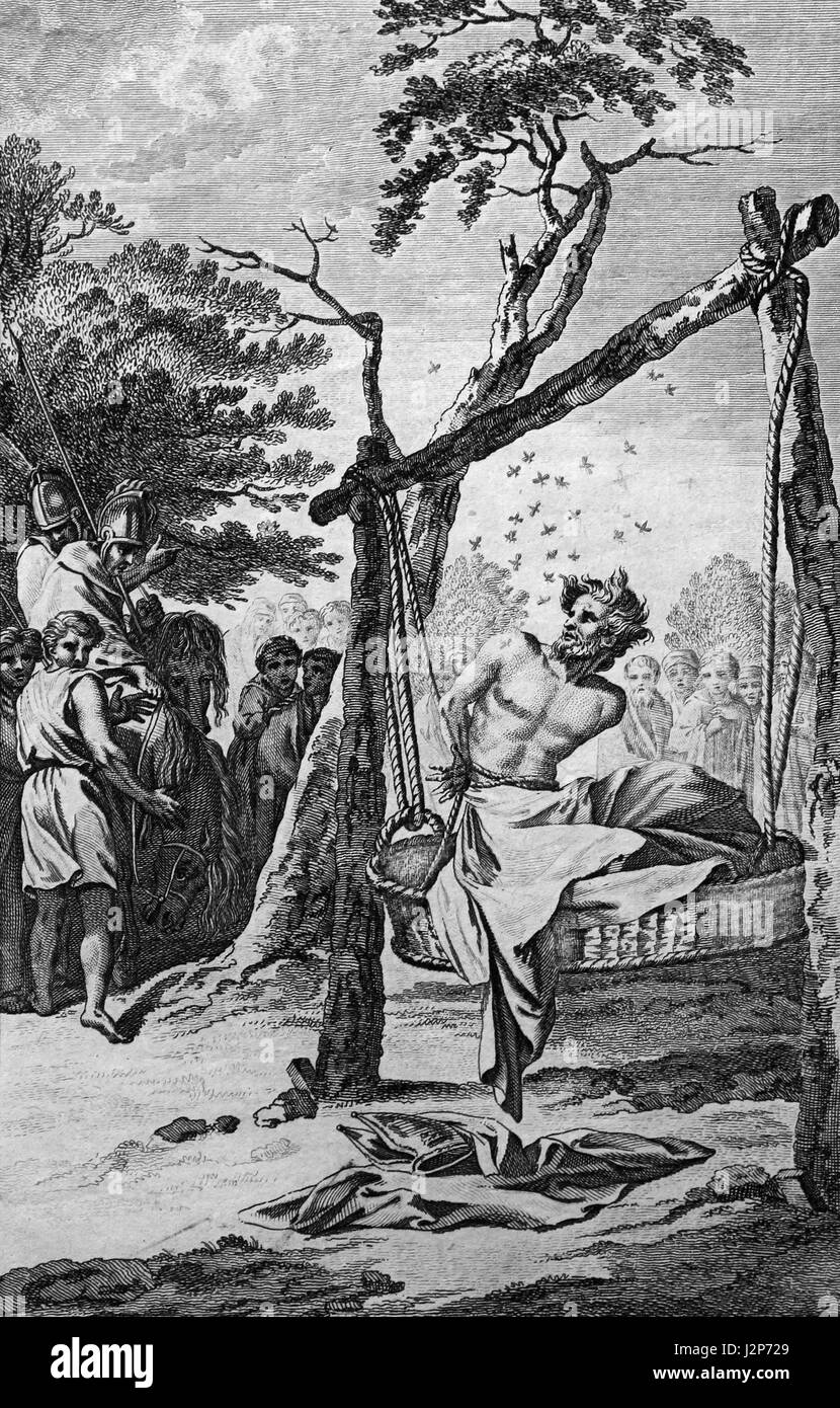 Marcus Vescovo di Arethusa strofinata con il miele, appeso in un cesto e colpito a morte da vespe. Iv secolo D.C. Incisione Foto Stock