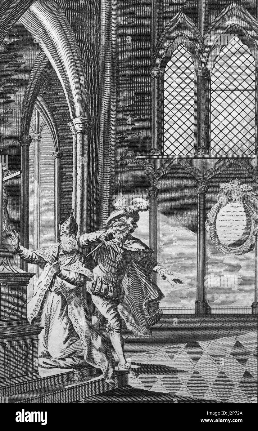 Stanislao Vescovo di Krokow, assassinati per alterare da Boleslao re di Polonia. Incisione da c 1780 edizione del nuovo libro di martiri da Rev Southwell Foto Stock