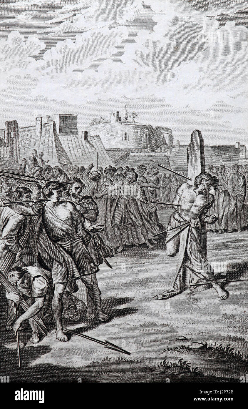 Adalberto Vescovo di Praga uccisa con lance dai pagani. Incisione da c 1780 edizione di John Foxe il nuovo libro di martiri da Rev Dr Henry Southwell Foto Stock