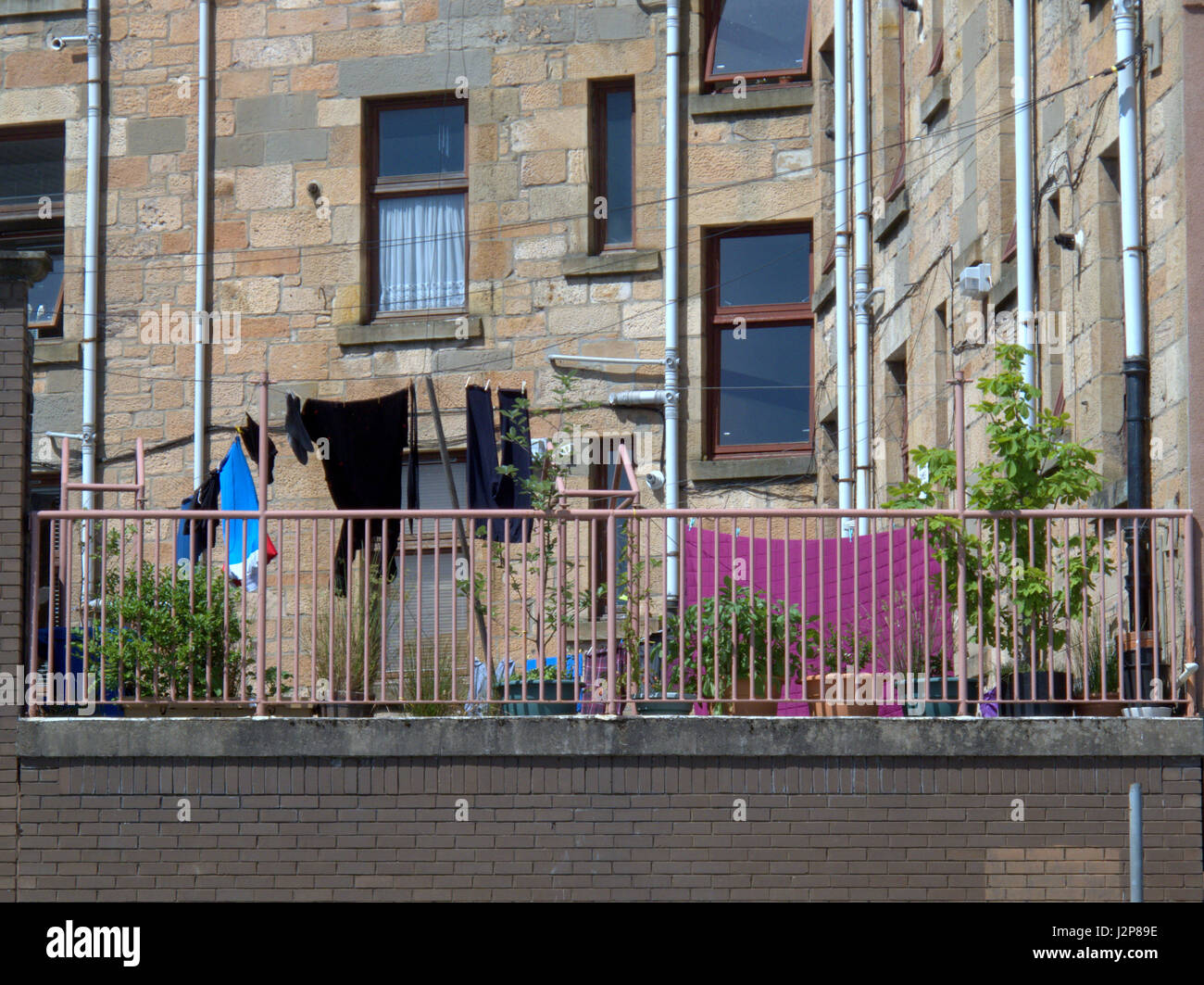 Glasgow tenement indietro corte con linea di lavaggio area Partick Foto Stock