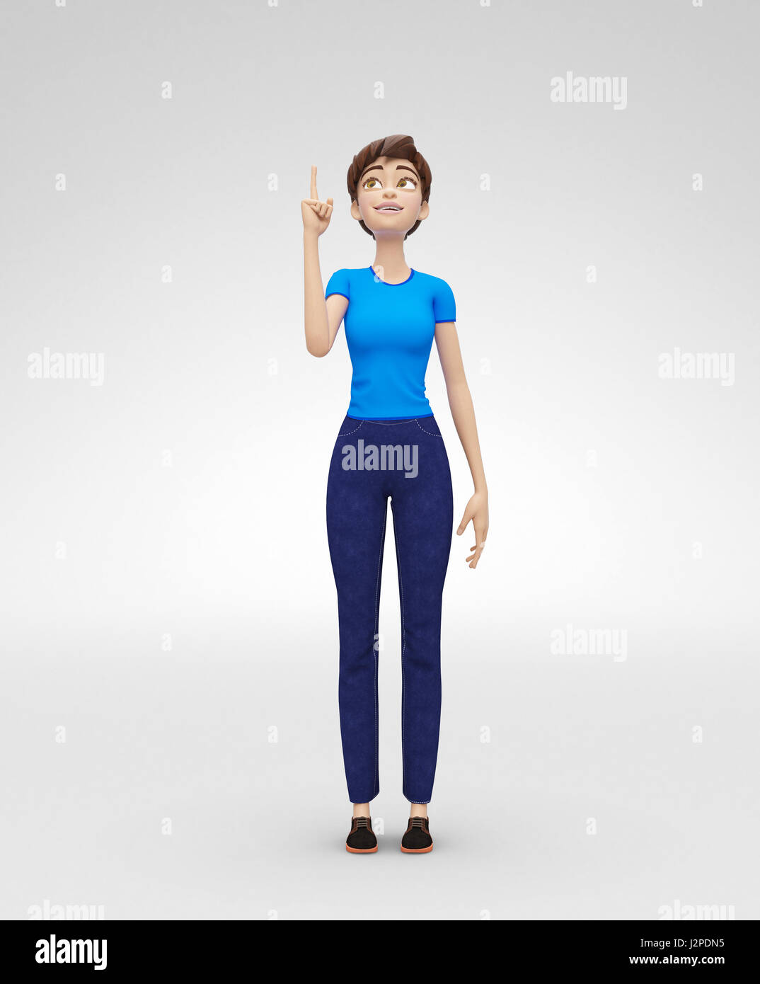 Sorridente, curiosi e felici Jenny - 3D fumetto personaggio femminile modello - incuriosito dalla straordinaria idea brillante Foto Stock