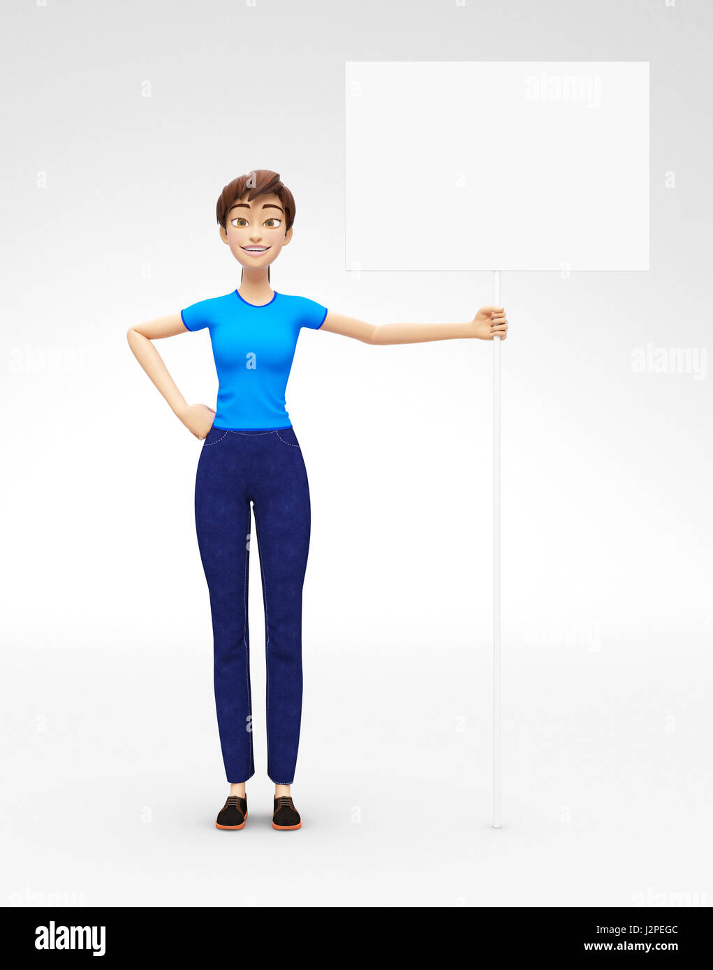 Annuncio vuoto Bandiera e Banner Mockup detenute da sorridente e Felice Jenny - 3D fumetto personaggio femminile in abiti casual Foto Stock