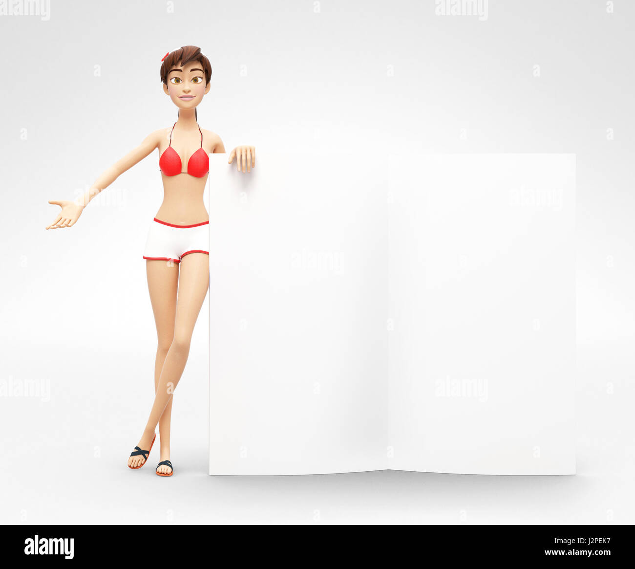 Vuoto pagine di riviste e brochure Mockup detenute da sorridente e Felice Jenny - 3D fumetto personaggio femminile in costume da bagno Bikini Foto Stock