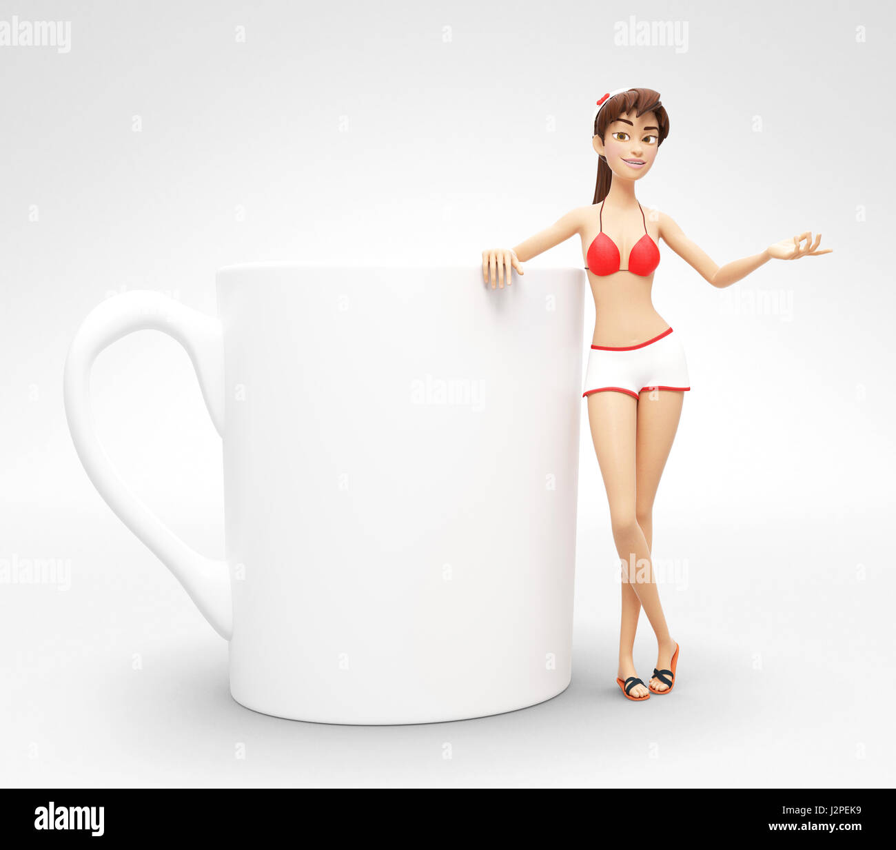 Vuoto il caffè o il tè Mockup accanto a sorridente e Felice Jenny - 3D fumetto personaggio femminile in costume da bagno Bikini Foto Stock