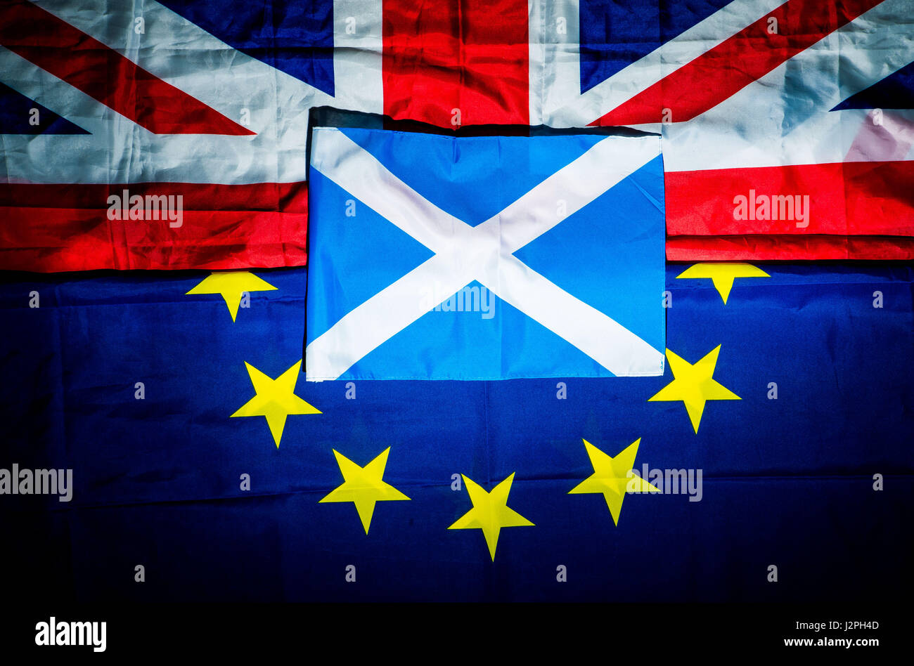 Union Jack, European Union Flag, Euro, UK, Sallire, Referendum europeo Foto Stock