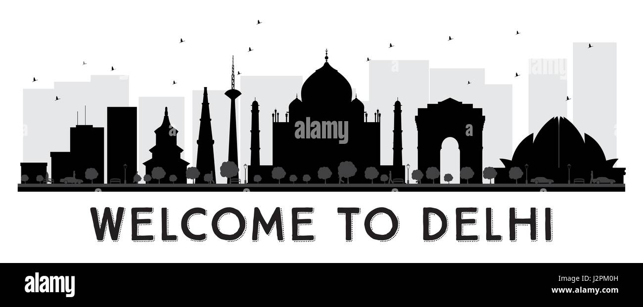 Delhi skyline della città in bianco e nero la silhouette. Illustrazione Vettoriale. Illustrazione Vettoriale