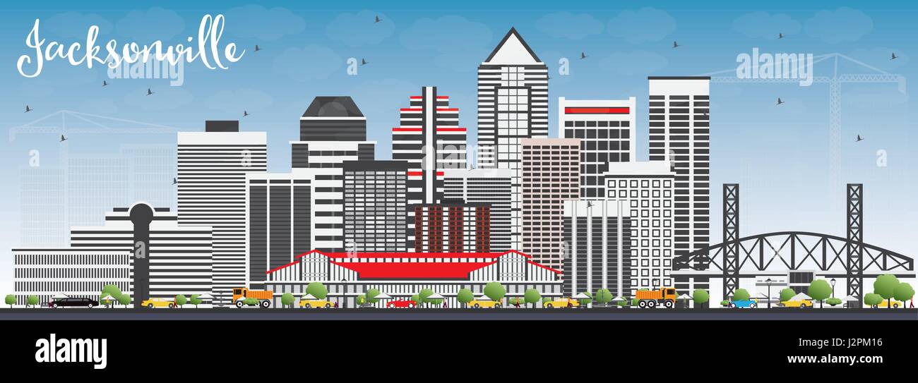 Il Jacksonville skyline con edifici grigi e cielo blu. illustrazione vettoriale. business viaggi e turismo concetto con architettura moderna. immagine per pr Illustrazione Vettoriale