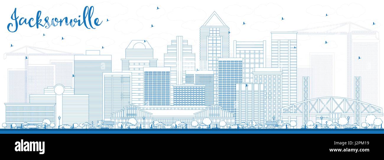 Delineare Jacksonville Skyline con edifici blu. Illustrazione Vettoriale. Viaggi di affari e di turismo con il concetto di architettura moderna. Illustrazione Vettoriale