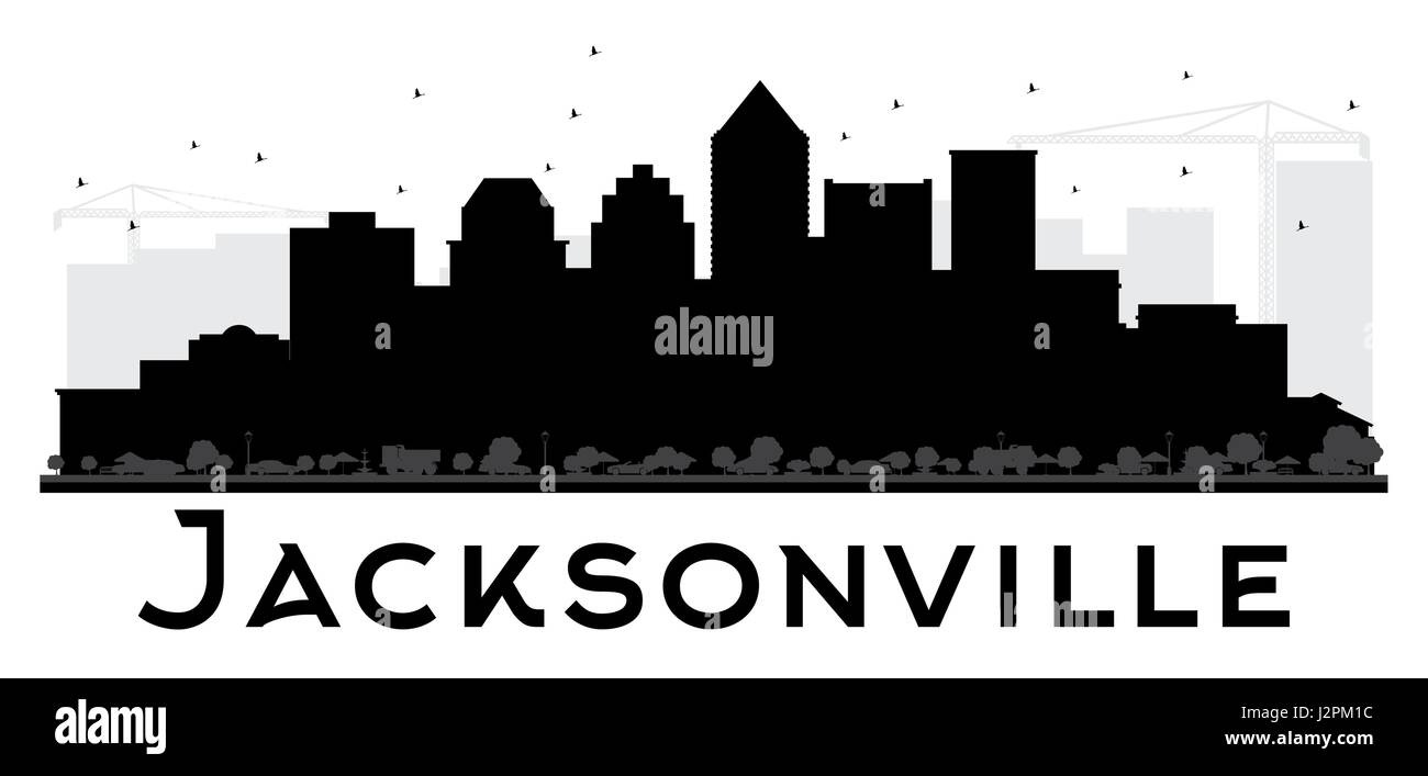 Il Jacksonville skyline della città in bianco e nero silhouette. illustrazione vettoriale. semplice piatto concetto per il turismo presentazione, banner, cartellone o sito web. Illustrazione Vettoriale