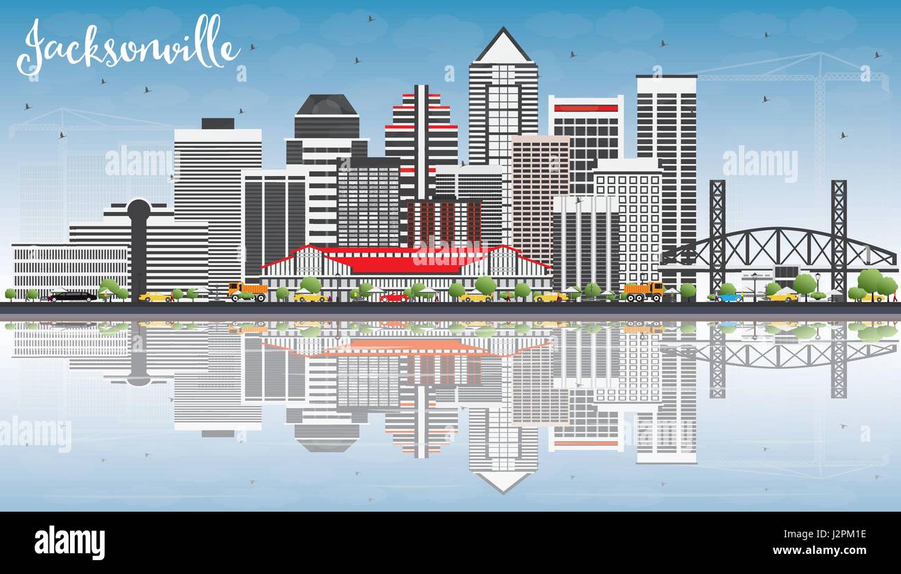 Il Jacksonville Skyline con edifici grigi, cielo blu e riflessi. Illustrazione Vettoriale. Viaggi di affari e di turismo con il concetto di architettura moderna. Illustrazione Vettoriale