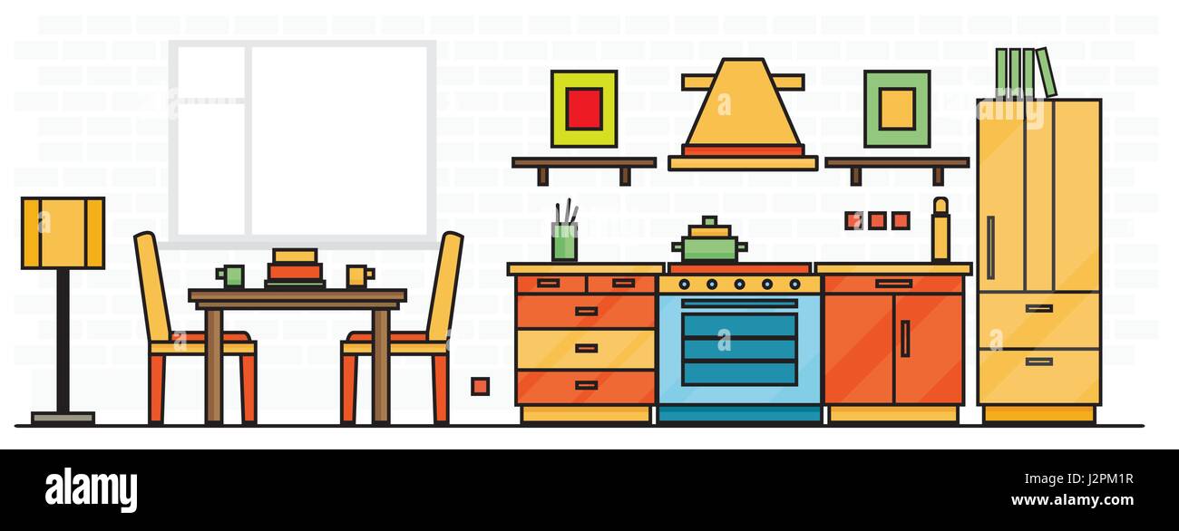 Interno di cucina con tavolo, fornelli e frigo. Illustrazione Vettoriale. Illustrazione Vettoriale