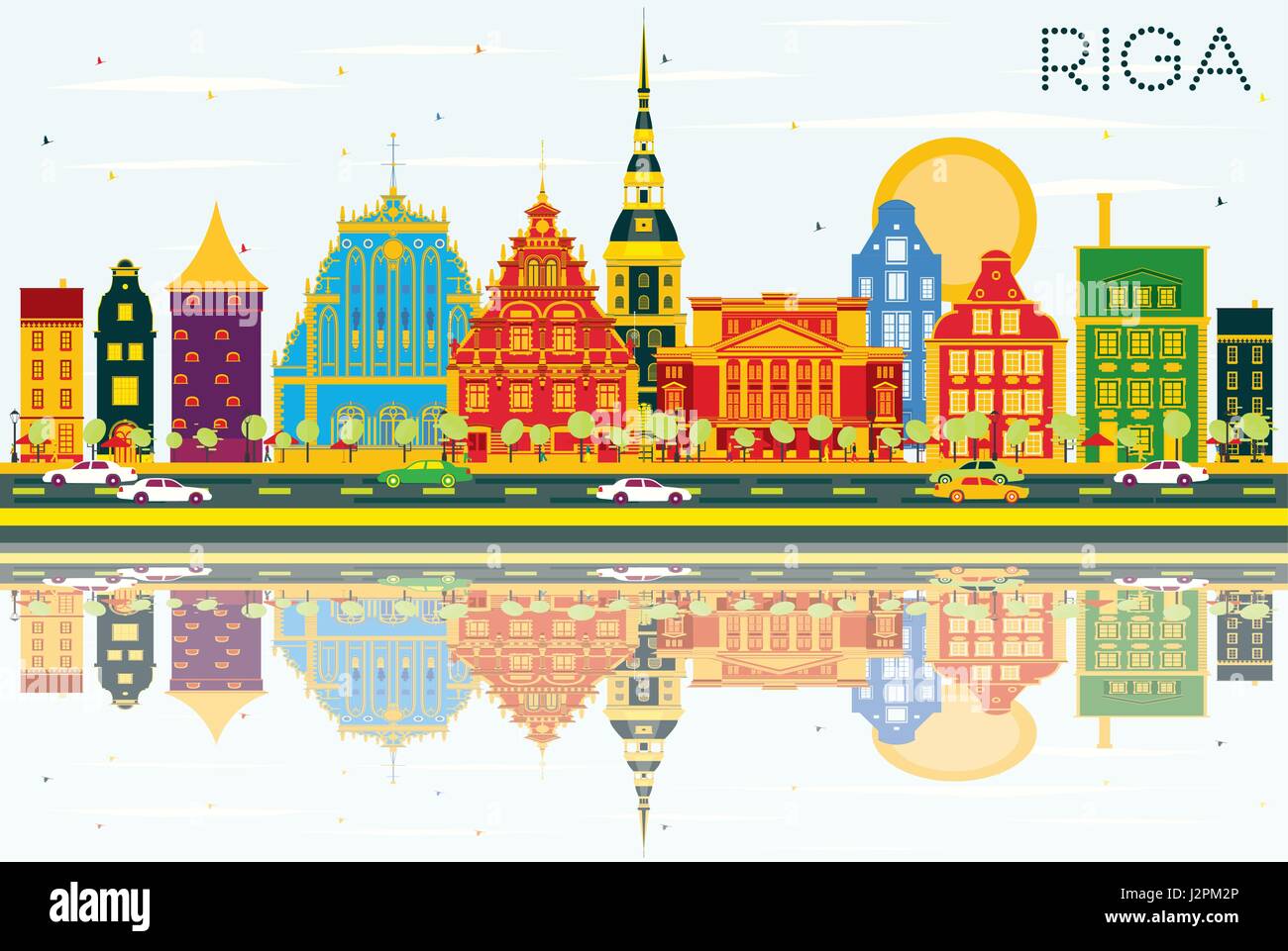 Lo skyline di riga con edifici di colore, cielo blu e riflessi. illustrazione vettoriale. viaggi di affari e di turismo con il concetto di architettura storica. Illustrazione Vettoriale