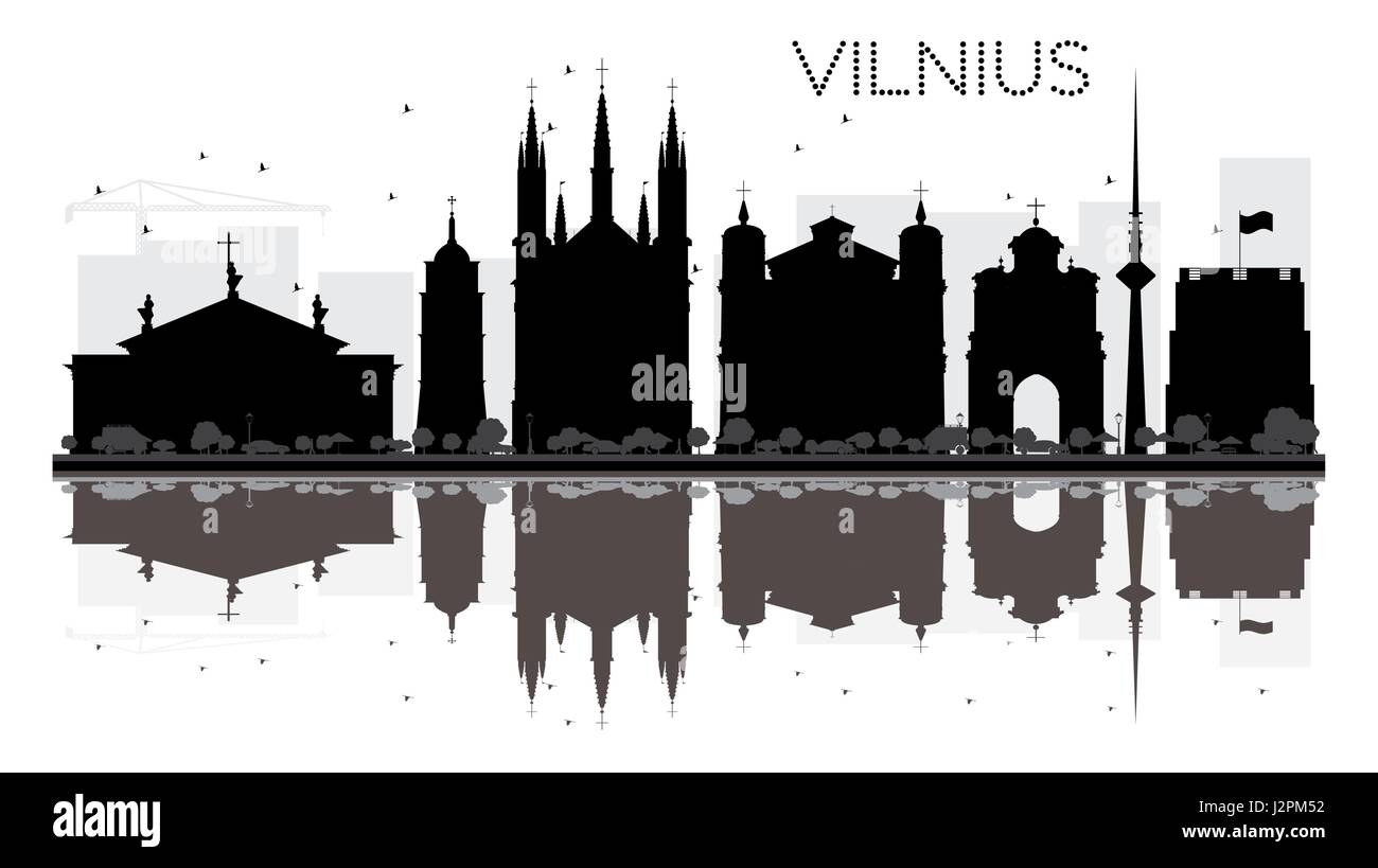 Vilnius city skyline in bianco e nero con silhouette riflessioni. illustrazione vettoriale. semplice piatto concetto per il turismo presentazione, banner, cartellone Illustrazione Vettoriale