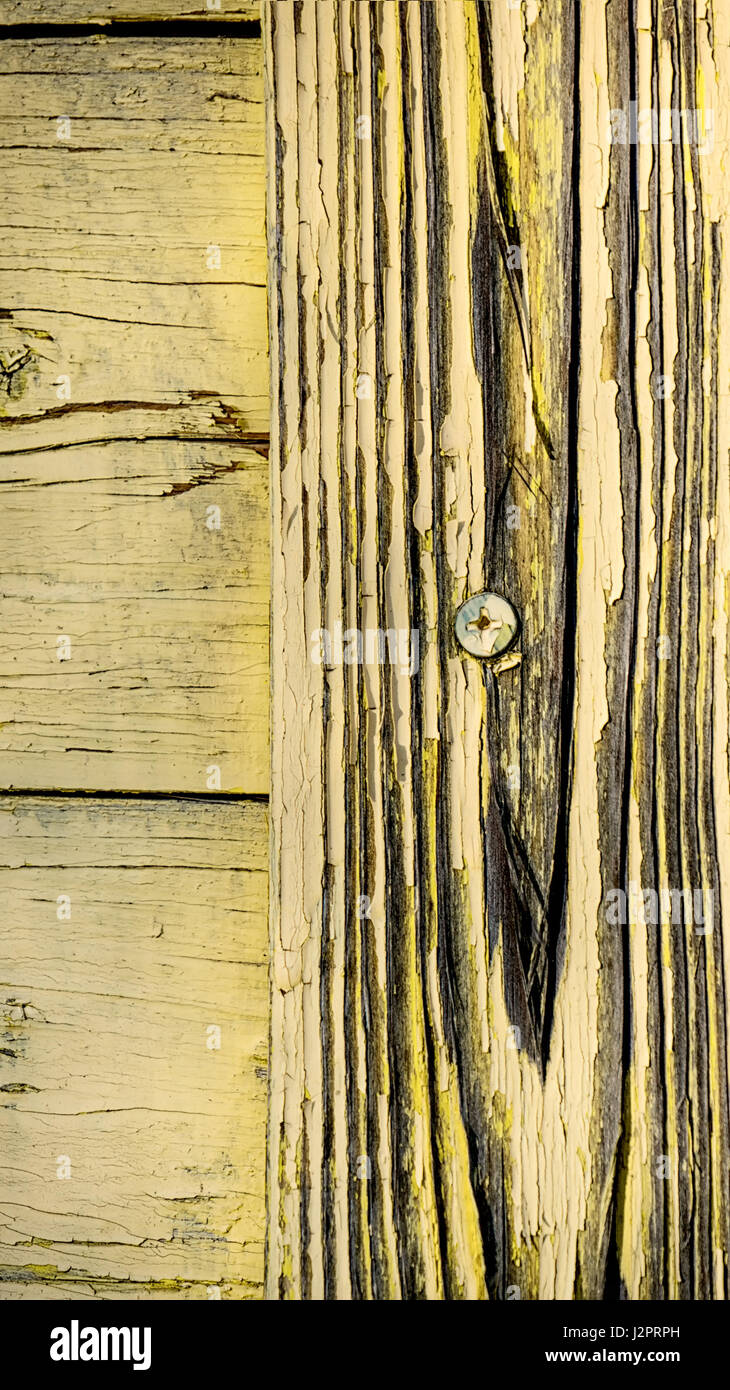 Abstract background in legno con vite di crepe di una pronunciata pattern di legno giallo Foto Stock