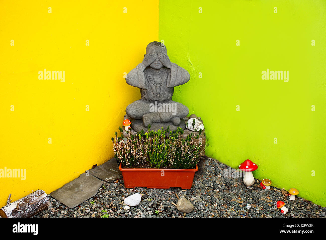 Statua di Buddha che copre la sua gli occhi posti in giardino angolo dove due pareti di differenti colori vibranti soddisfare.Beaumaris,Regno Unito.vibe orientale,Uk. Foto Stock