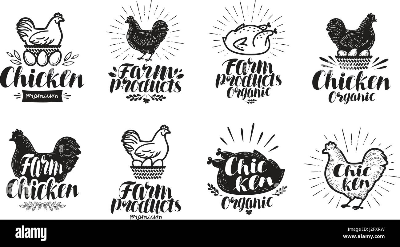 Etichetta di pollo set. Cibo, azienda agricola di pollame, carne, uova icona o logo. Lettering illustrazione vettoriale Illustrazione Vettoriale