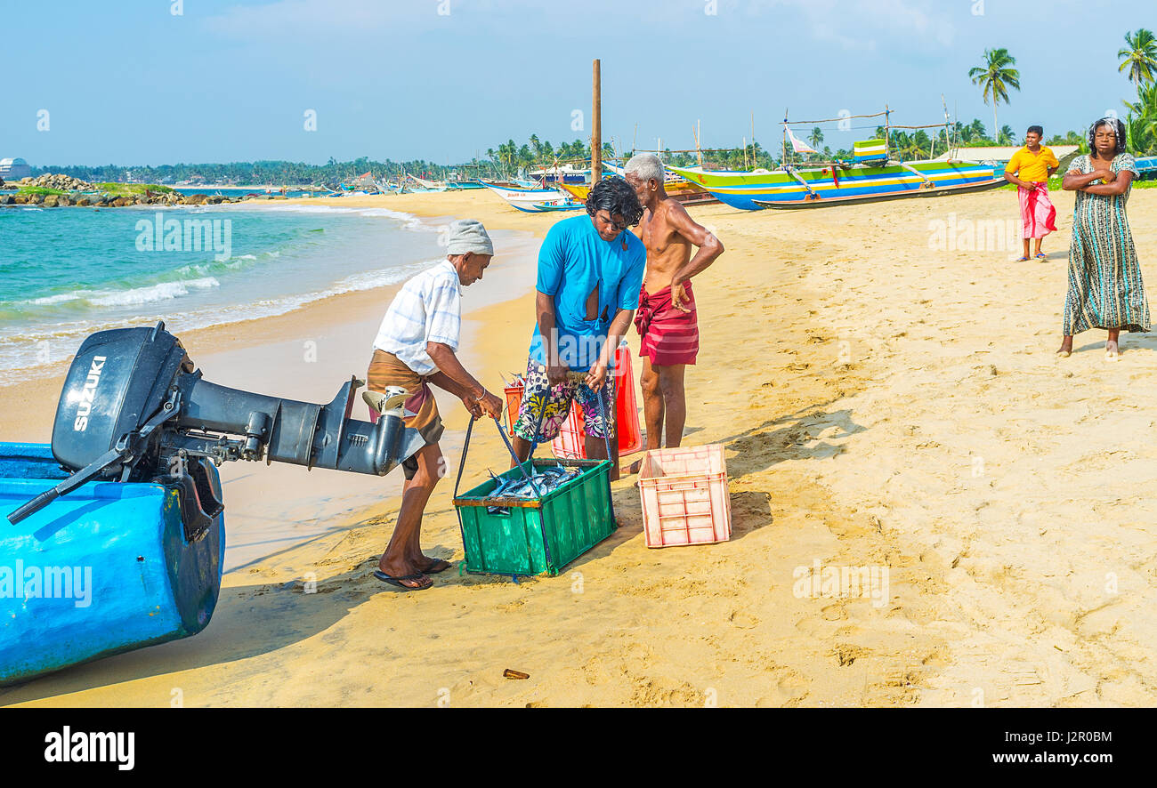 HIKKADUWA, SRI LANKA - 4 dicembre 2016: due pescatori tirare la scatola pesante con pesce per pesare, il 4 dicembre in Hikkaduwa Foto Stock